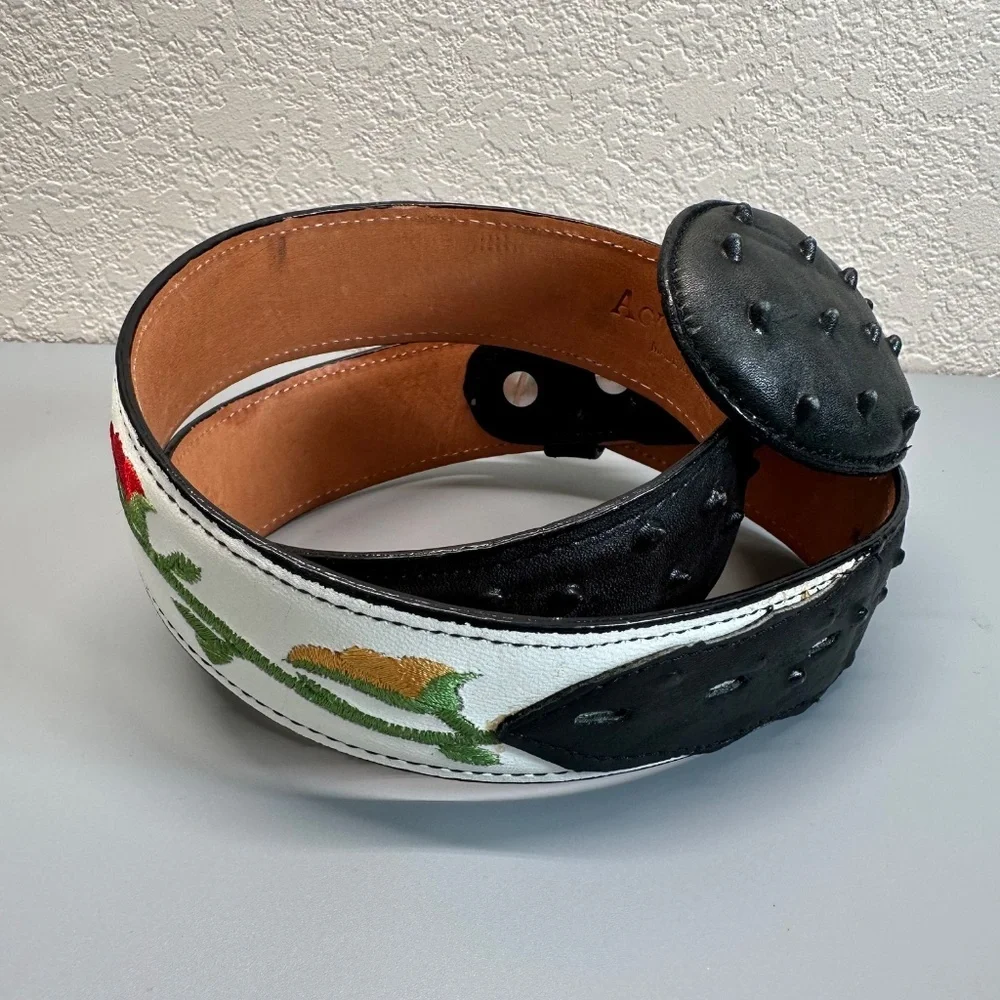 Rodeo Belt White Black Embroidered Flowers Genuine Leather Women's Size US 8 37